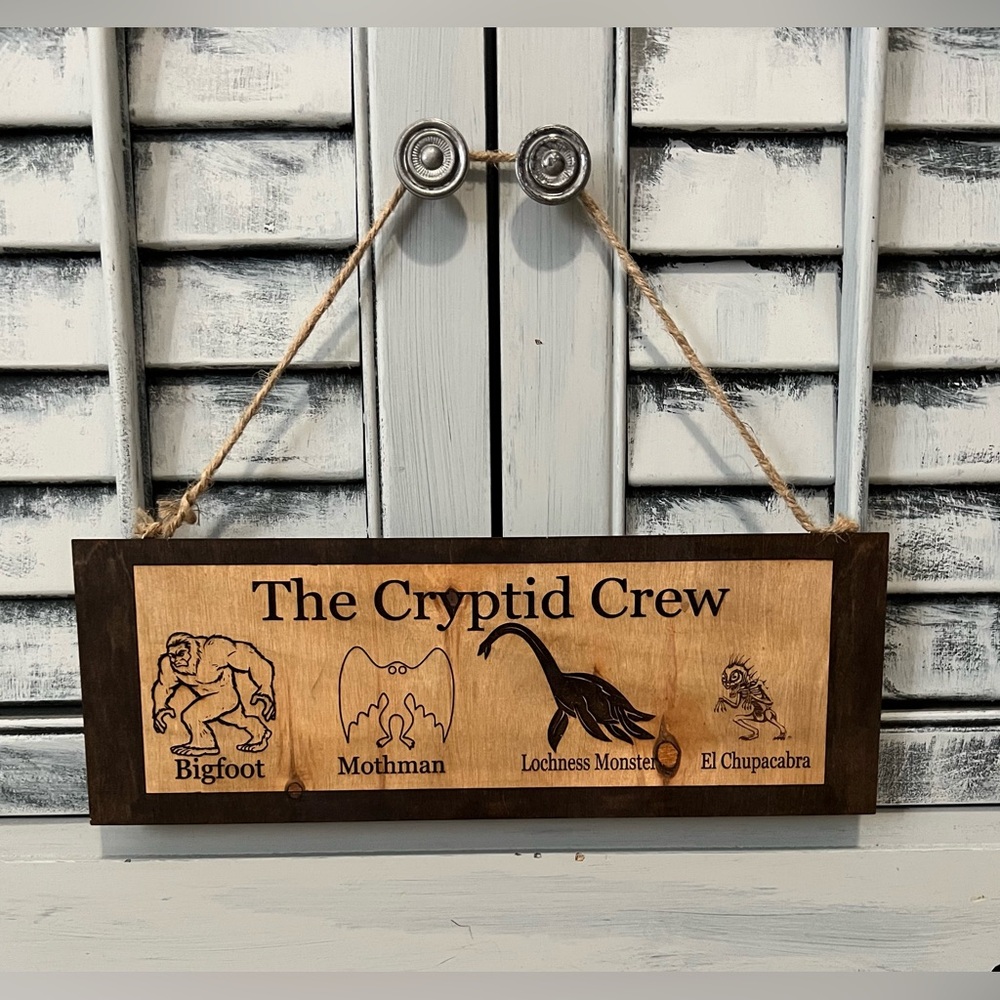 The Cryptid Crew Carved Wooden Wall Sign Hanging